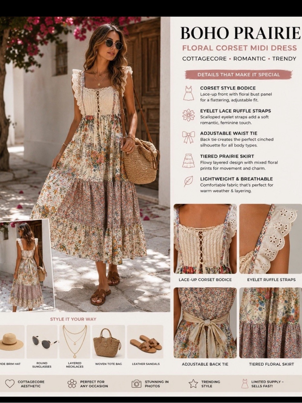 Boho Prairie Floral Corset Midi Dress - Cream Floral